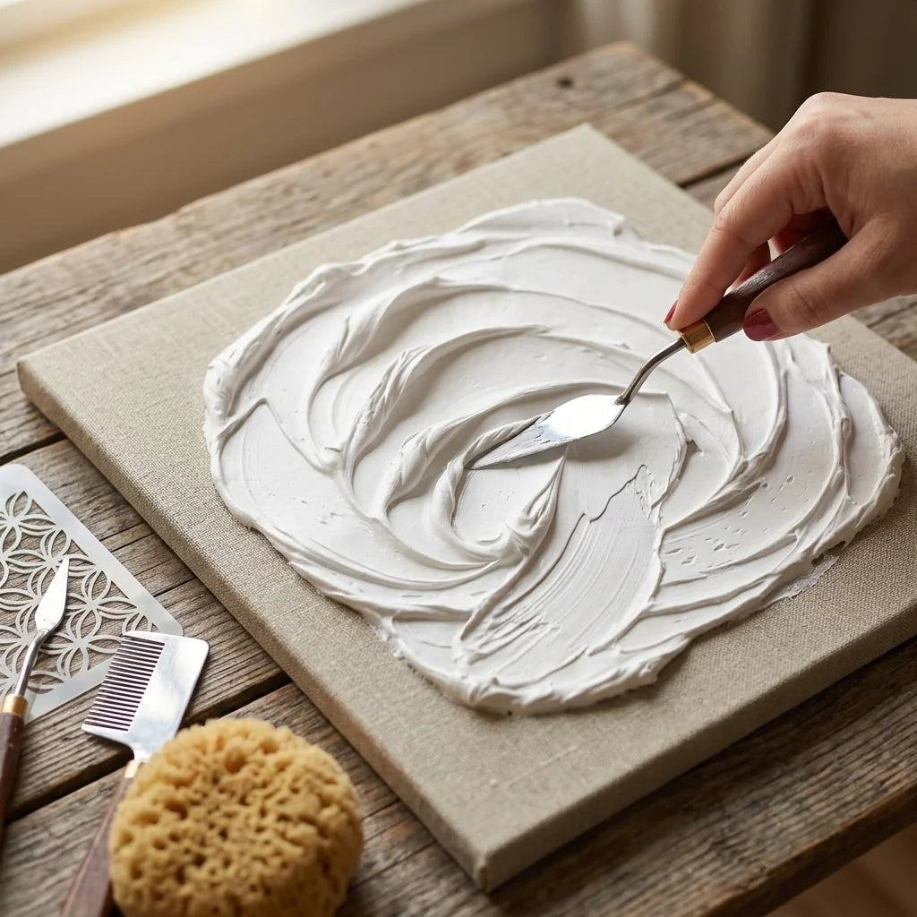Modelovanie textúry v paste Butter — špachtľa, špongia, hrebeň, šablóna