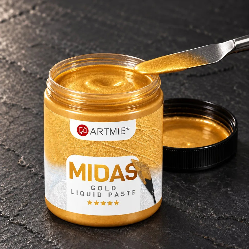 Otvorená dóza ARTMIE MIDAS — zlatá tekutá metalická pasta s viditeľným leskom vnútri