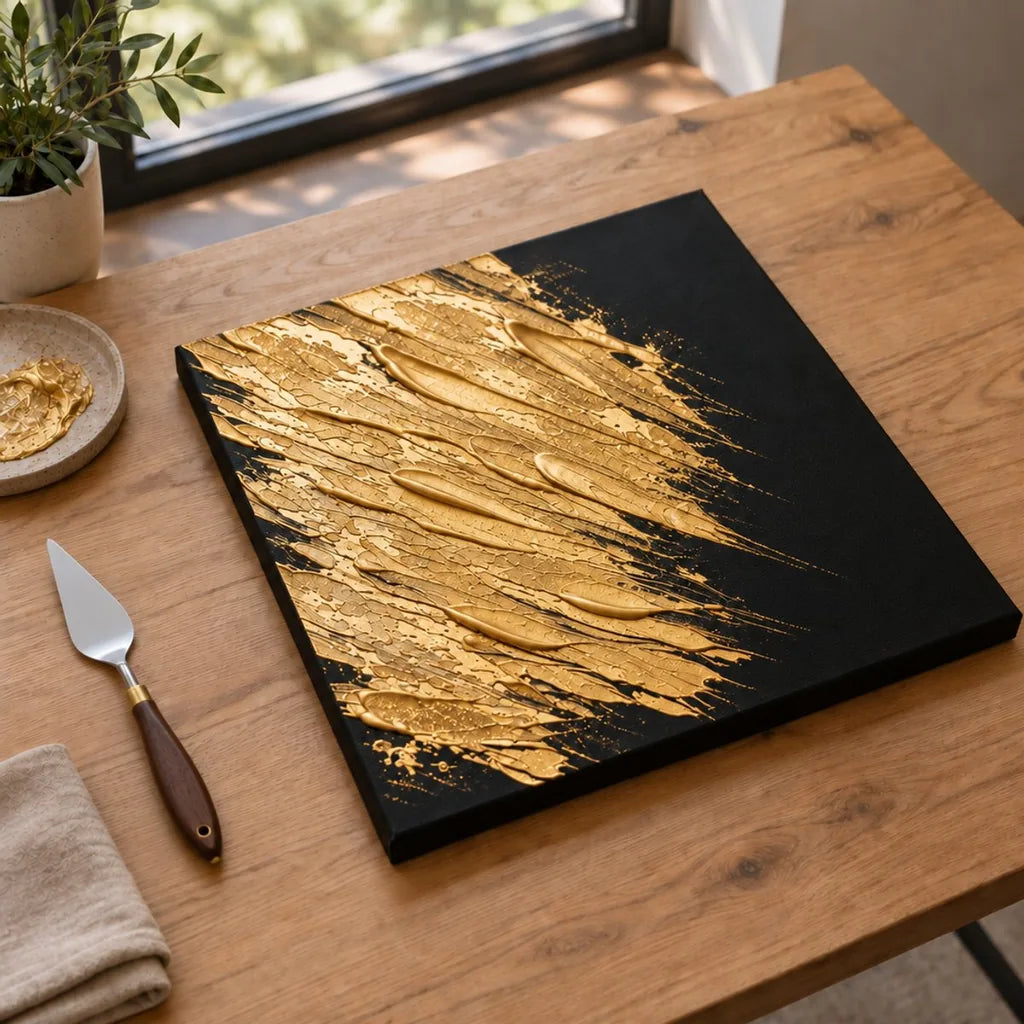 Hotová, zaschnutá abstrakcia z lesklej zlatej pasty ARTMIE MIDAS na čiernom plátne