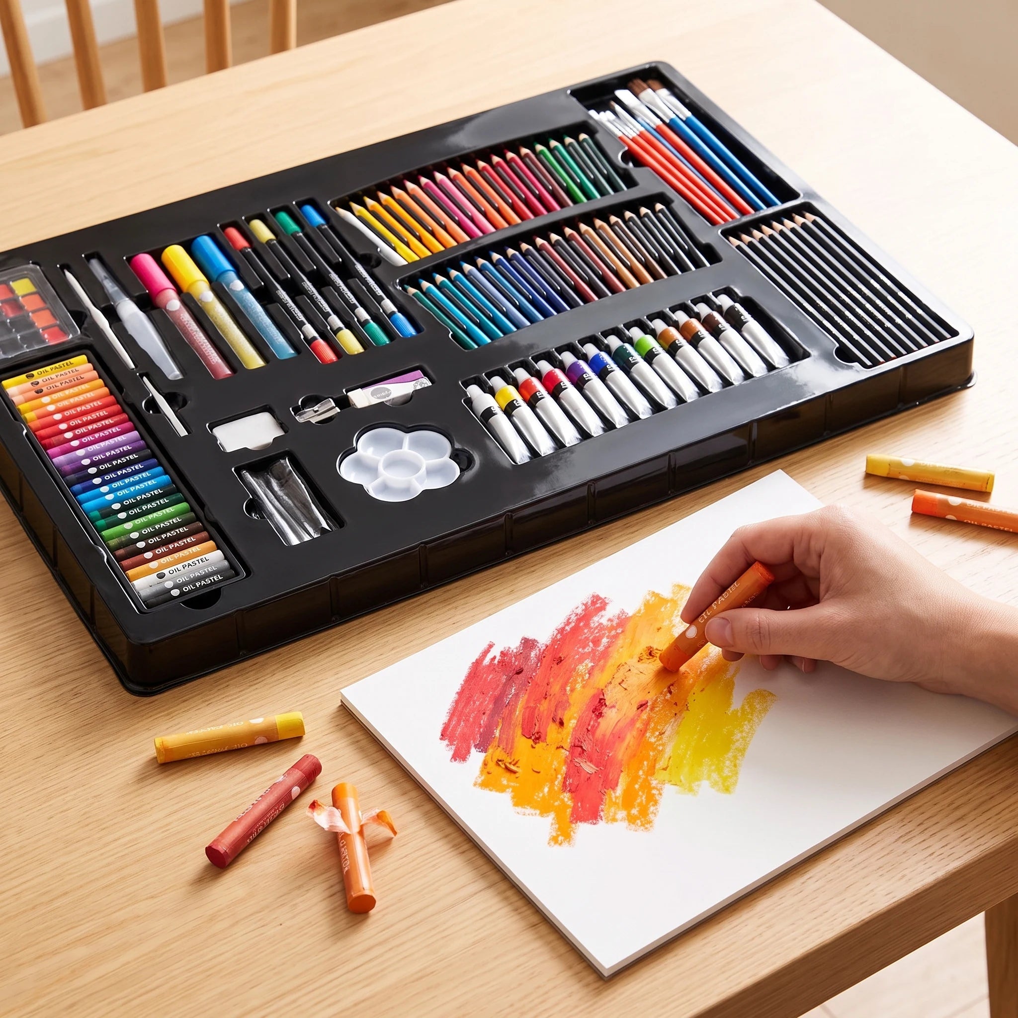Otvorený umelecký set Daler-Rowney 215 kusov a kreslenie olejovými pastelmi
