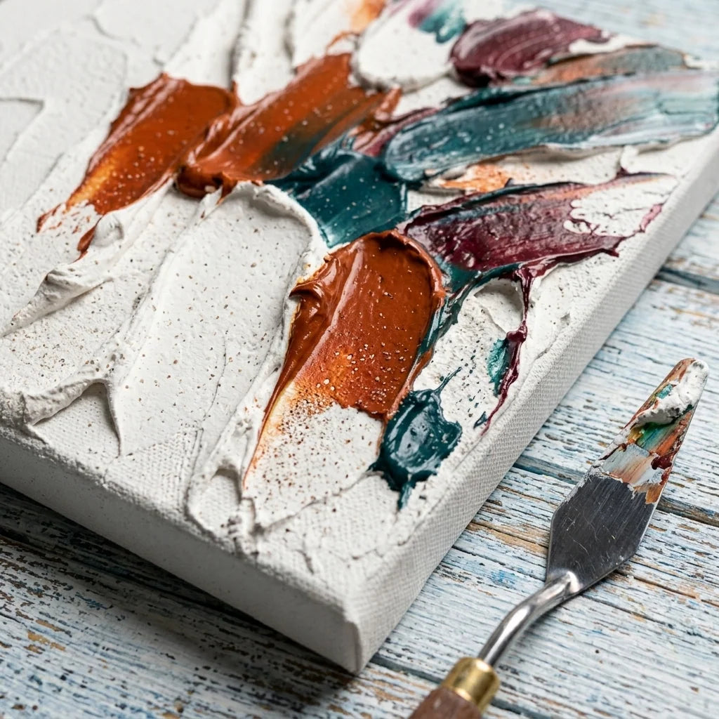 Impasto textúry z 3D pasty — farebné akcenty na hrubom reliéfe