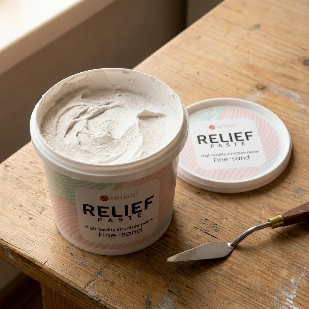 Otvorený obal ARTMIE Relief Paste — viditeľná piesková štruktúra pasty vnútri
