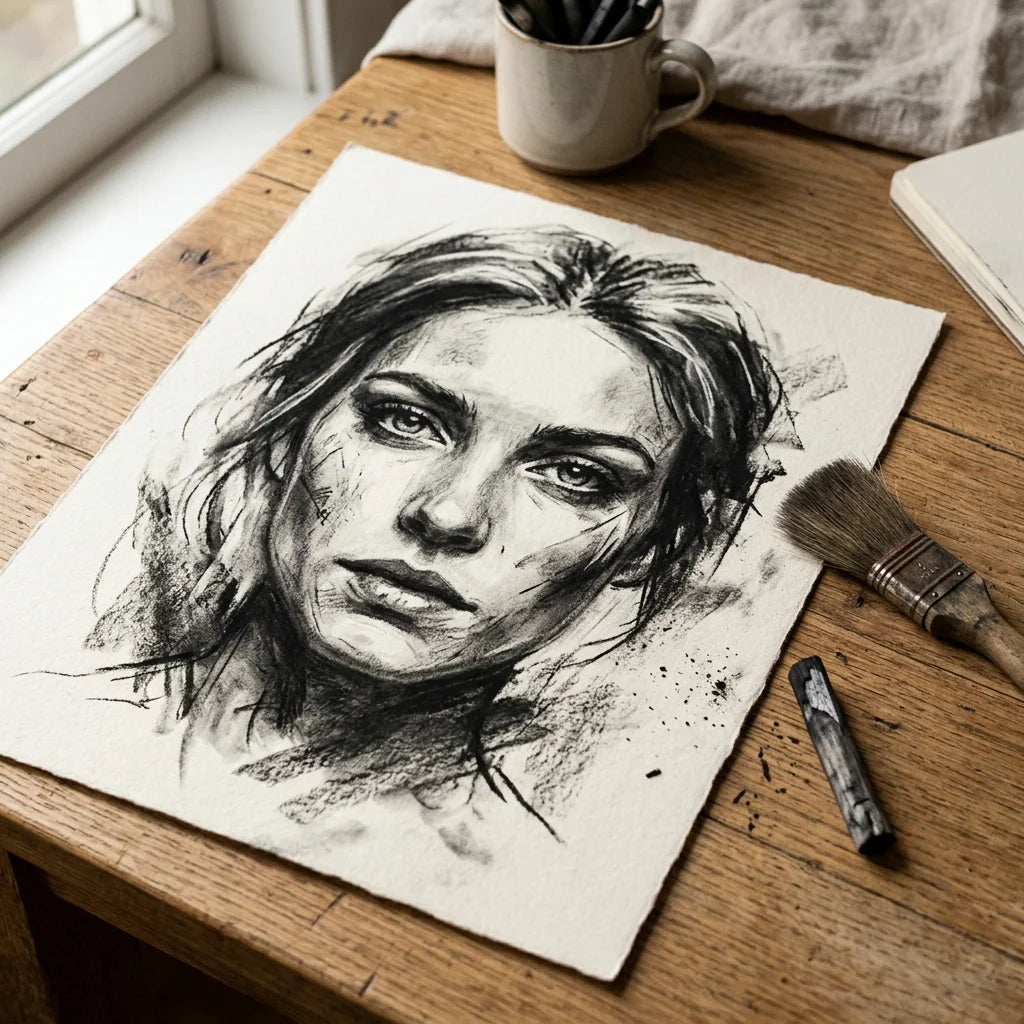 Kresba uhľom zafixovaná fixatívnym sprejom ARTMIE Lumina