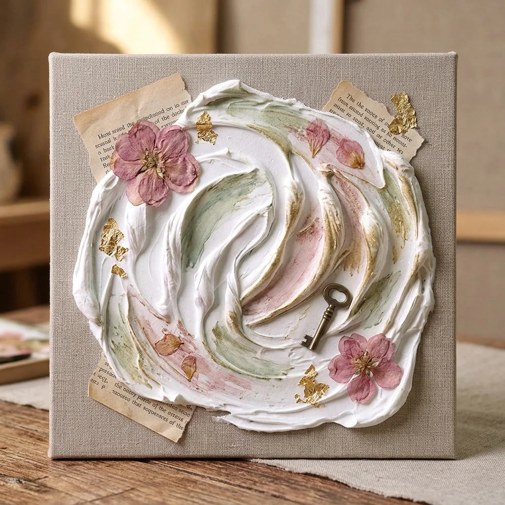 Mixed media koláž z pasty Butter — sušené kvety, vintage papier, mosadzný kľúč