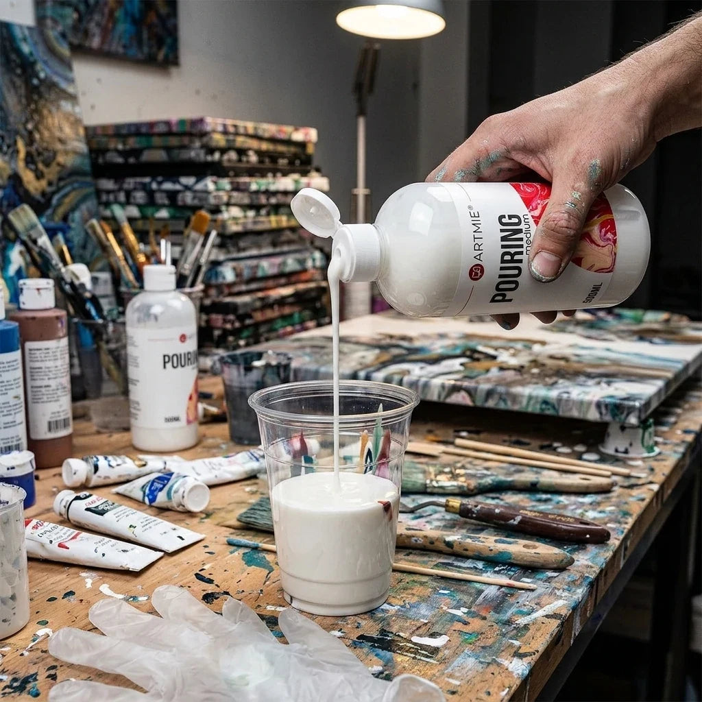 Vylievanie bieleho pouring média ARTMIE z fľaše 500 ml do pohára