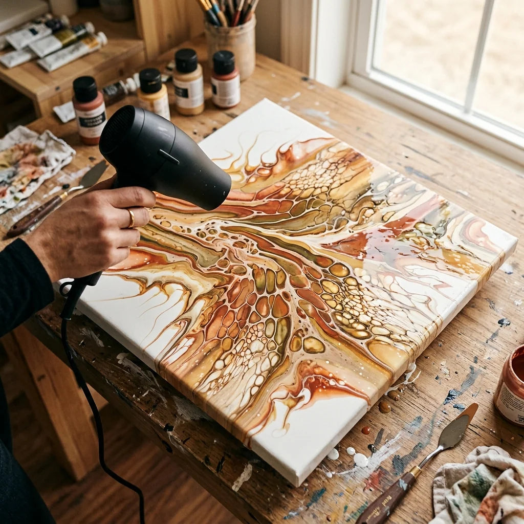 Dutch pour rozfúkaný sušičom — technika pouring