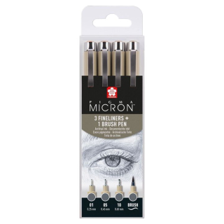 Sada technických pier Sakura Pigma Micron 3 fineliners a brush pen  | tmavosivé odtiene